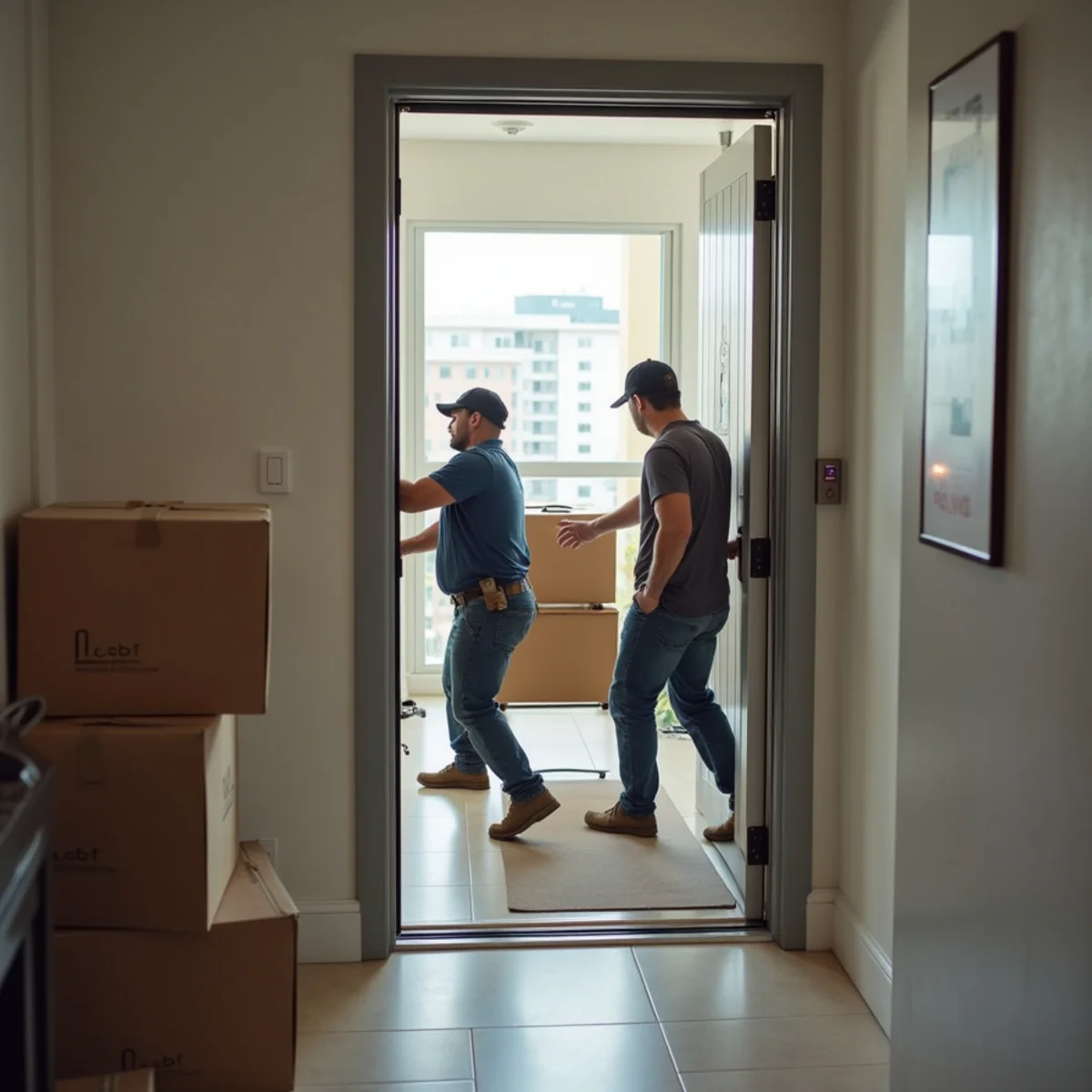 Movers loading a padded service elevator in a mid-rise apartment building
