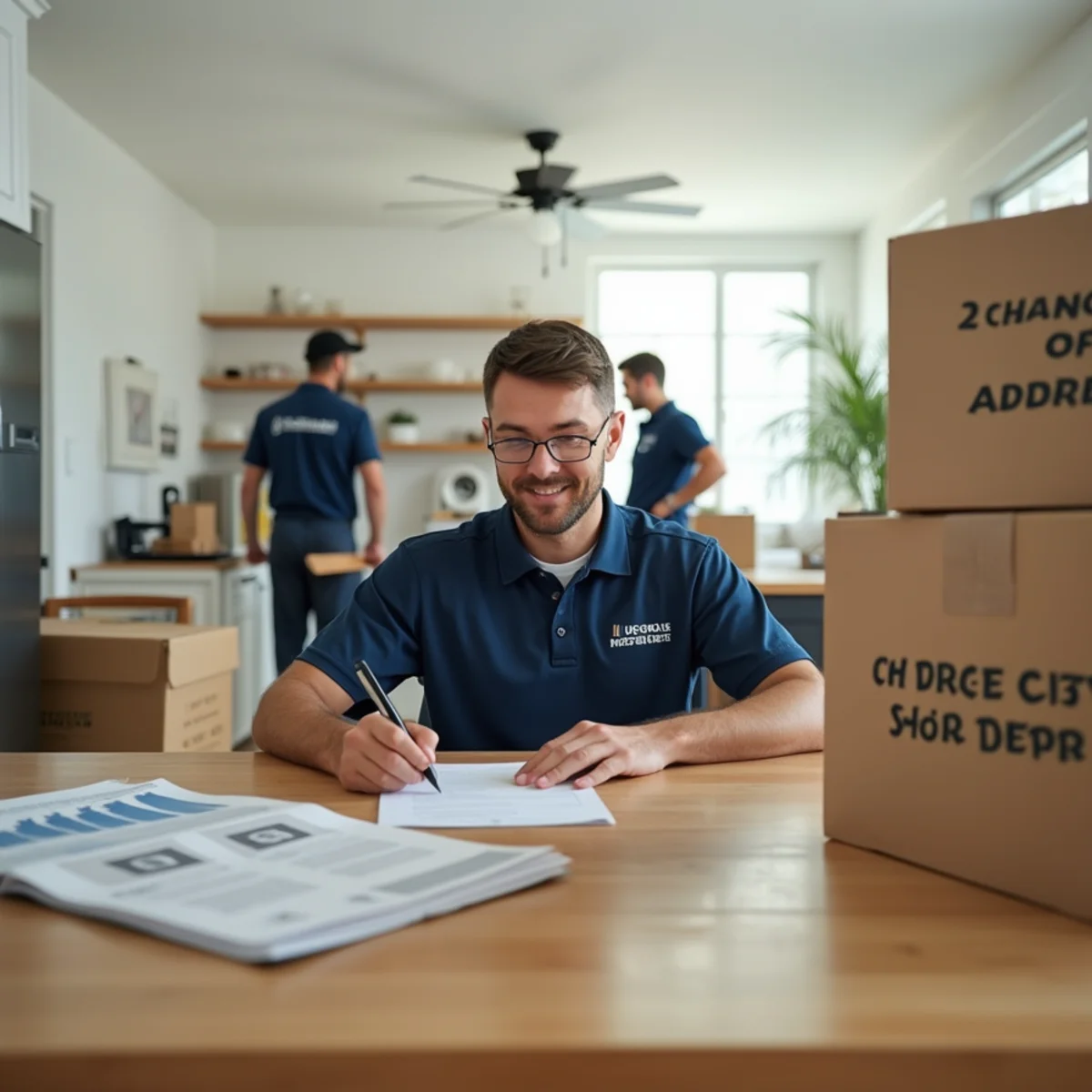 A person filling out a change of address form at a kitchen table surrounded by moving boxes