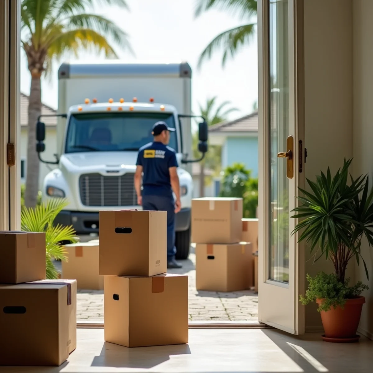 Boxes and belongings staged by a front door ready for a fast move-out