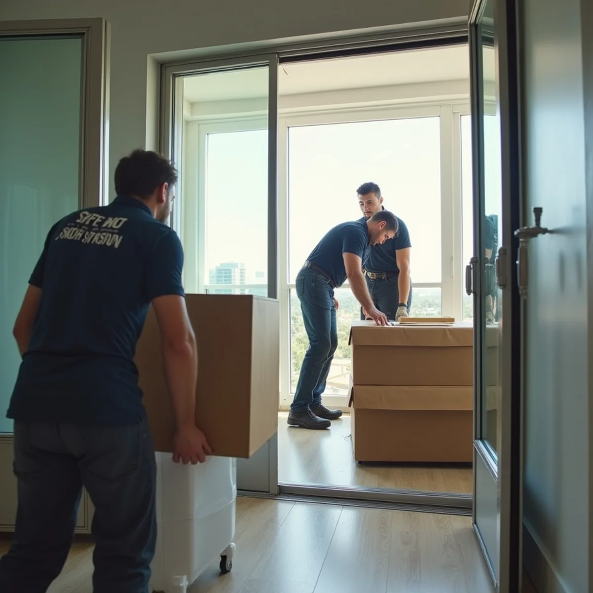 A moving crew loading furniture into a service elevator in a Miami high-rise condo building