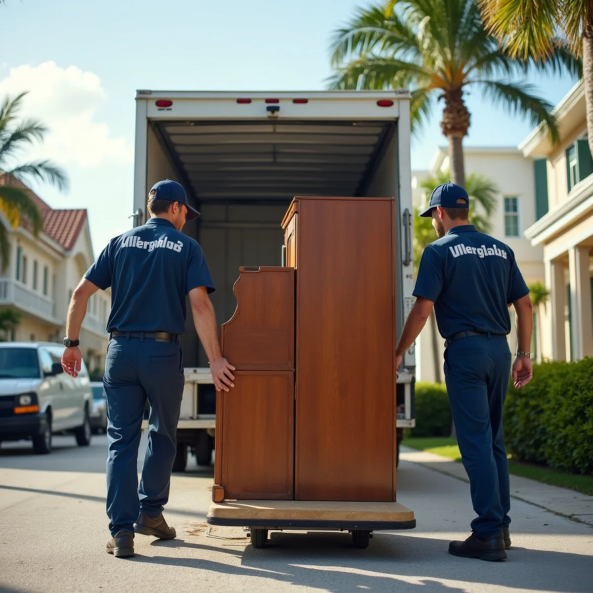 Professional movers carefully guiding an upright piano on a padded piano dolly toward a moving truck