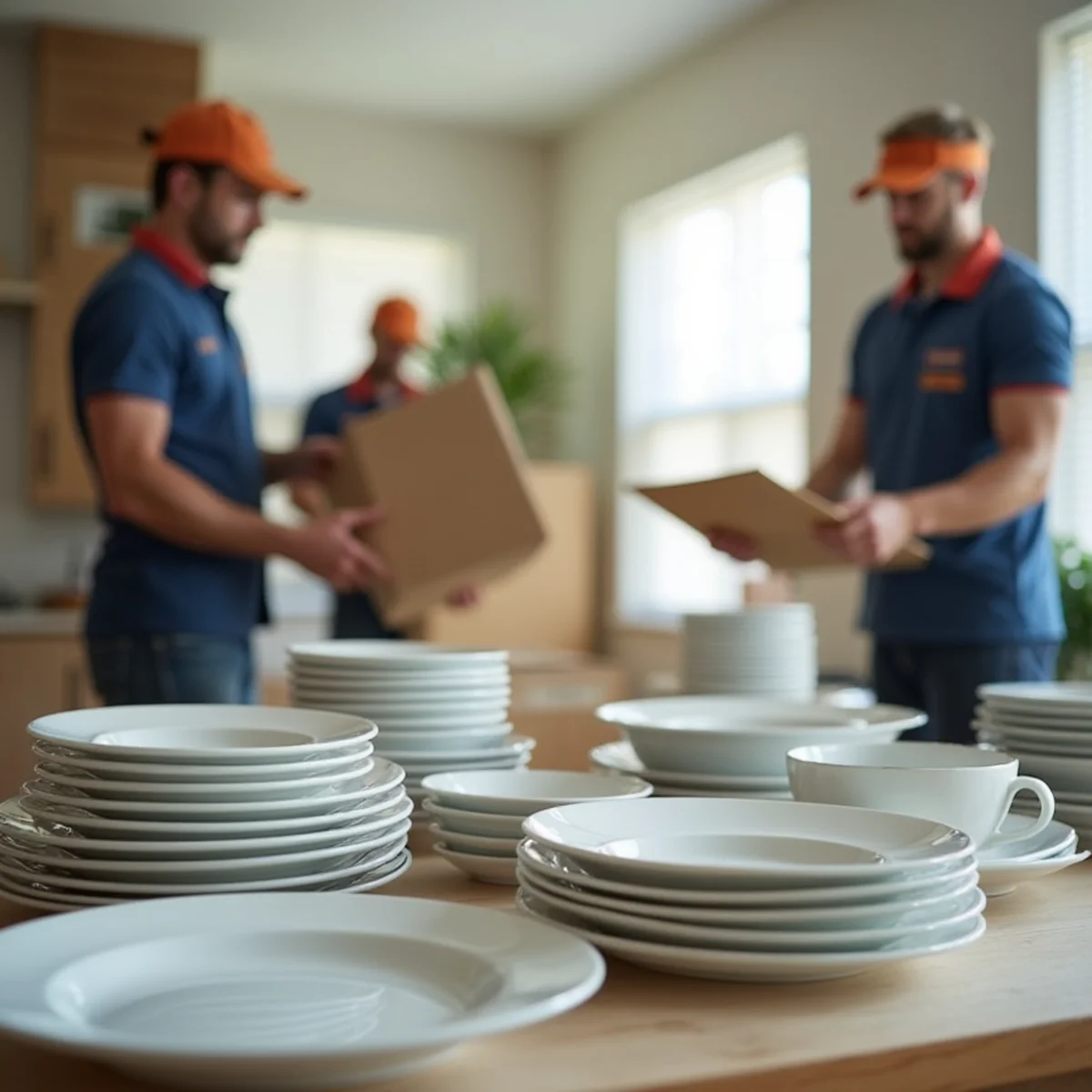 Dishes and glassware being carefully wrapped in packing paper for a move