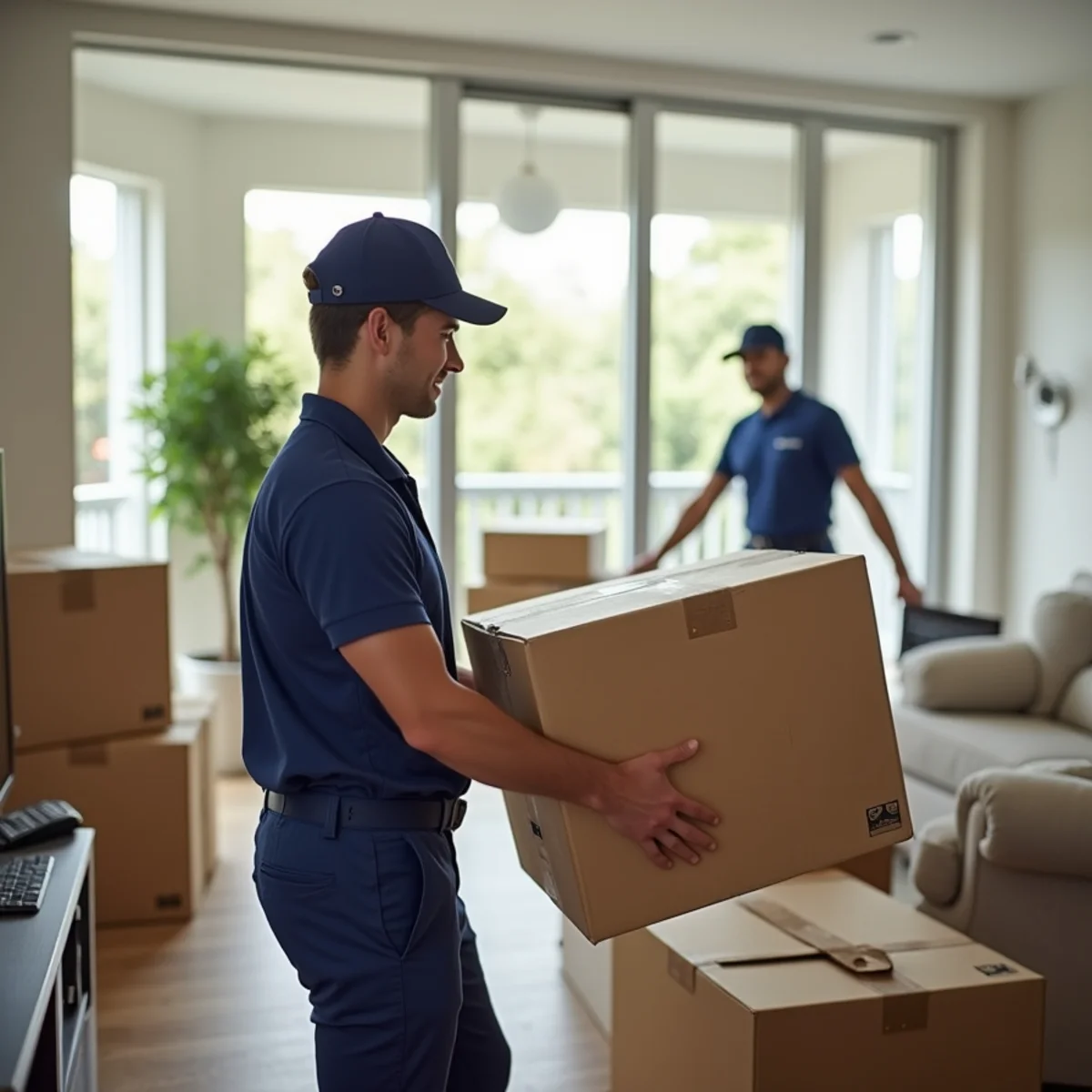 A person quickly packing boxes in a living room with moving truck visible through the window