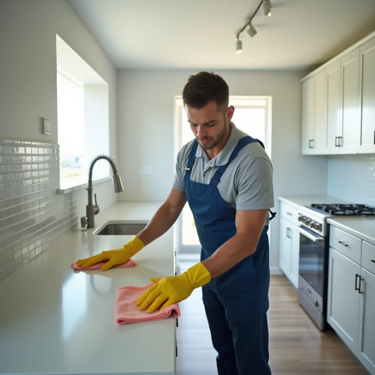 A cleaner wiping down kitchen countertops in an empty apartment during a move-out cleaning