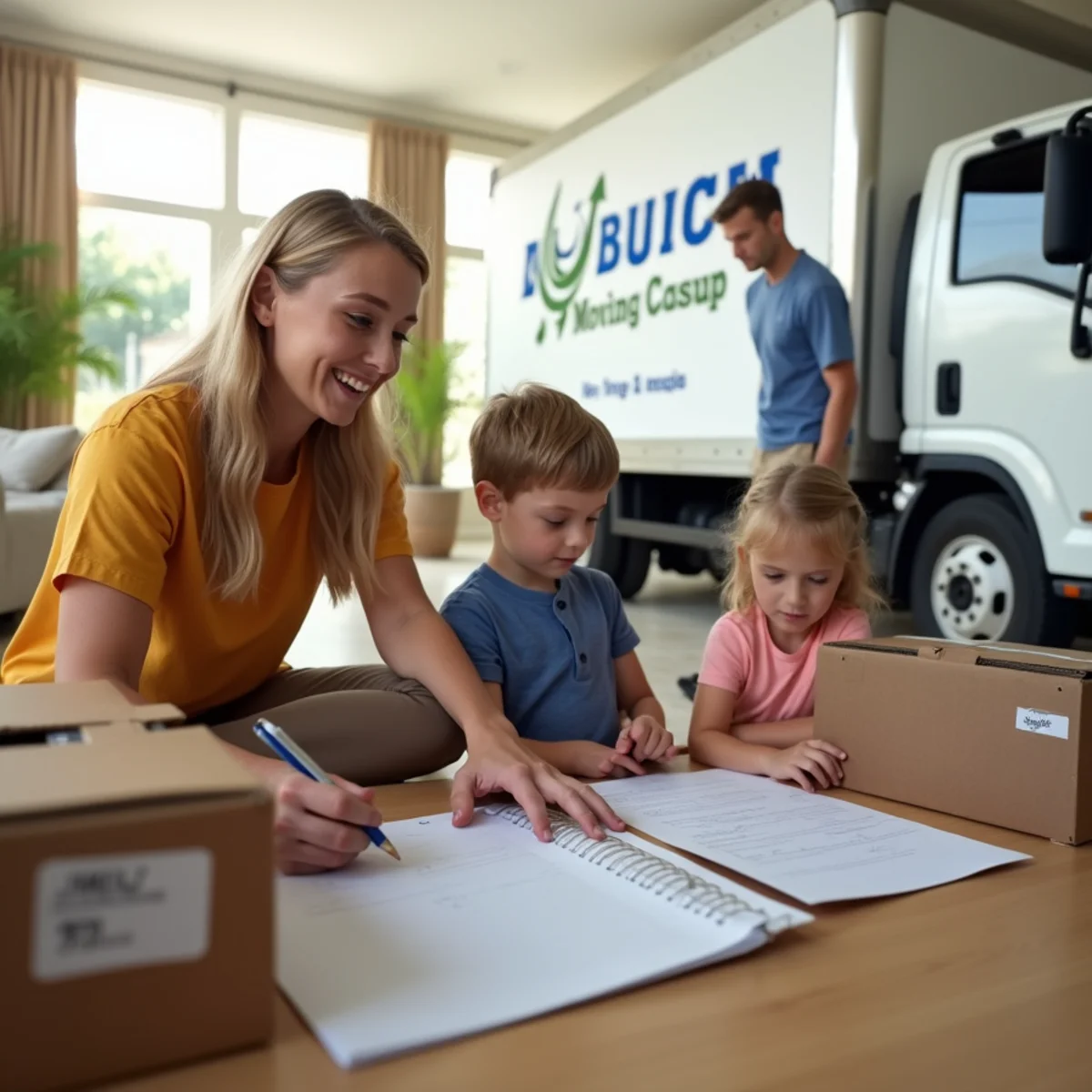 A family checking off tasks on a moving checklist next to labeled boxes in their living room