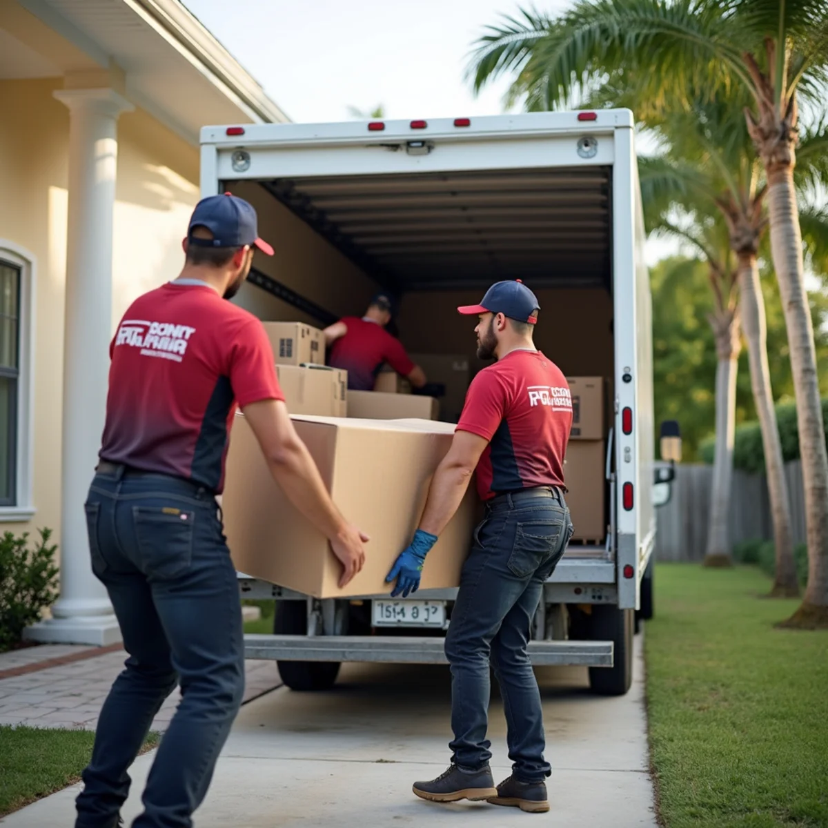 Moving crew loading boxes and furniture into a truck outside a North Lauderdale home