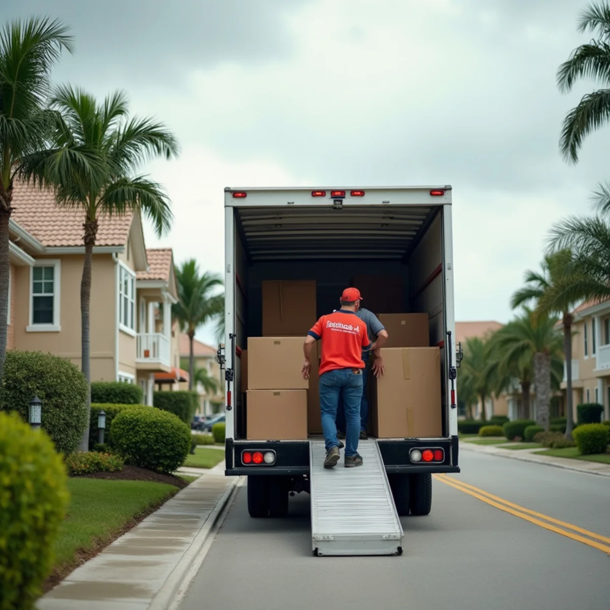 Moving truck being loaded under an overcast tropical sky in South Florida