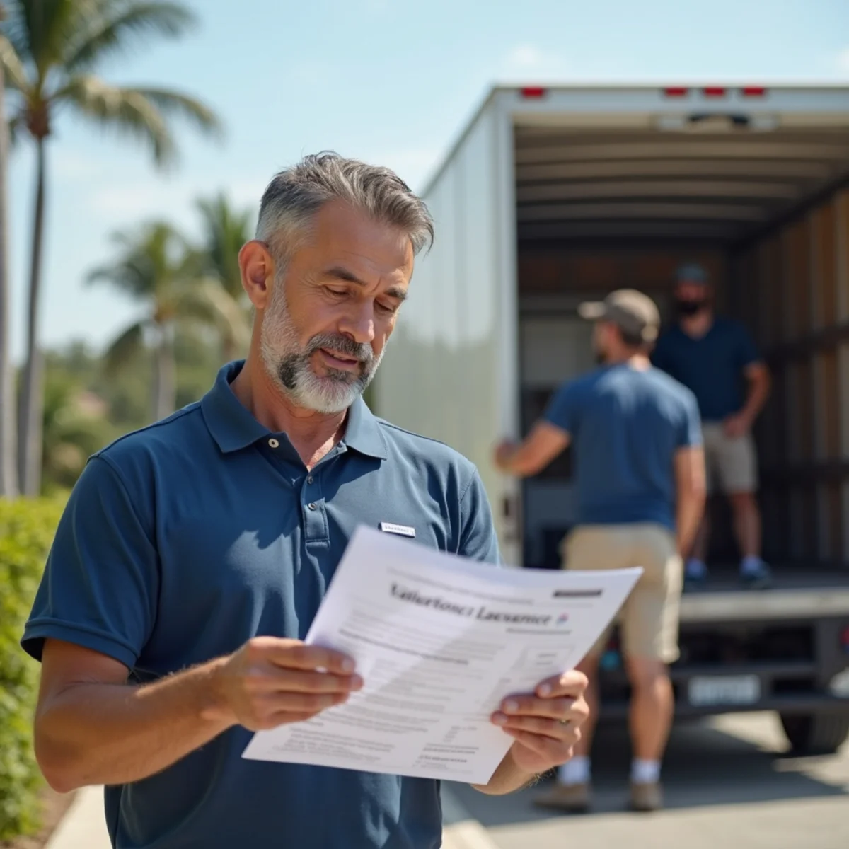 A homeowner reviewing a moving valuation and insurance document with a moving crew in the background