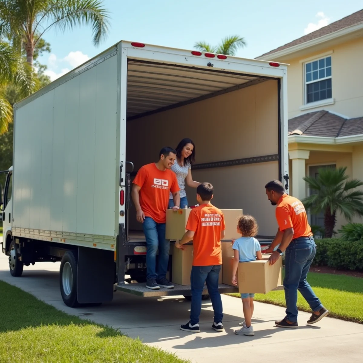 A family unloading a moving truck outside a new home in a South Florida suburban neighborhood