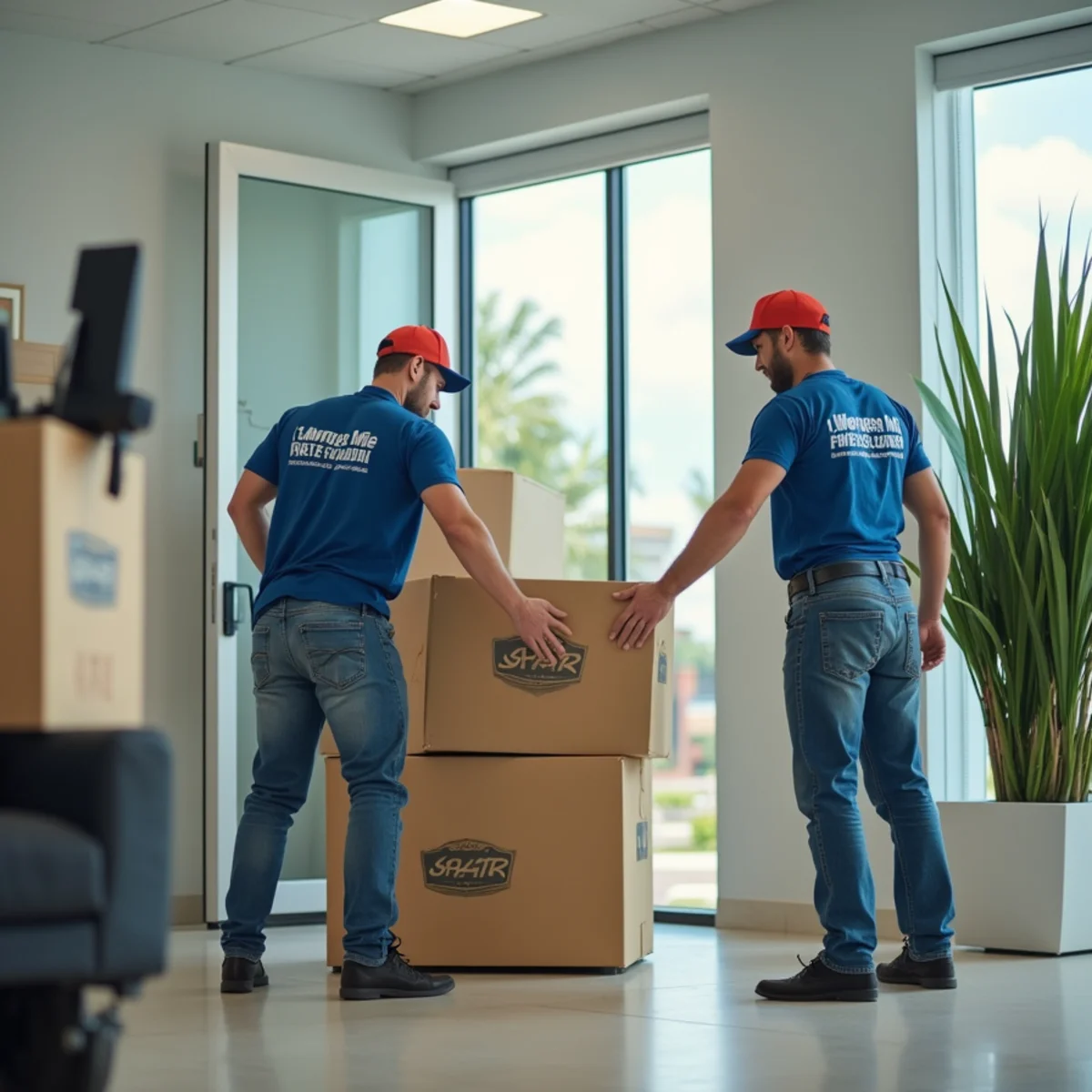 Movers relocating labeled office furniture and workstations into a South Florida commercial building