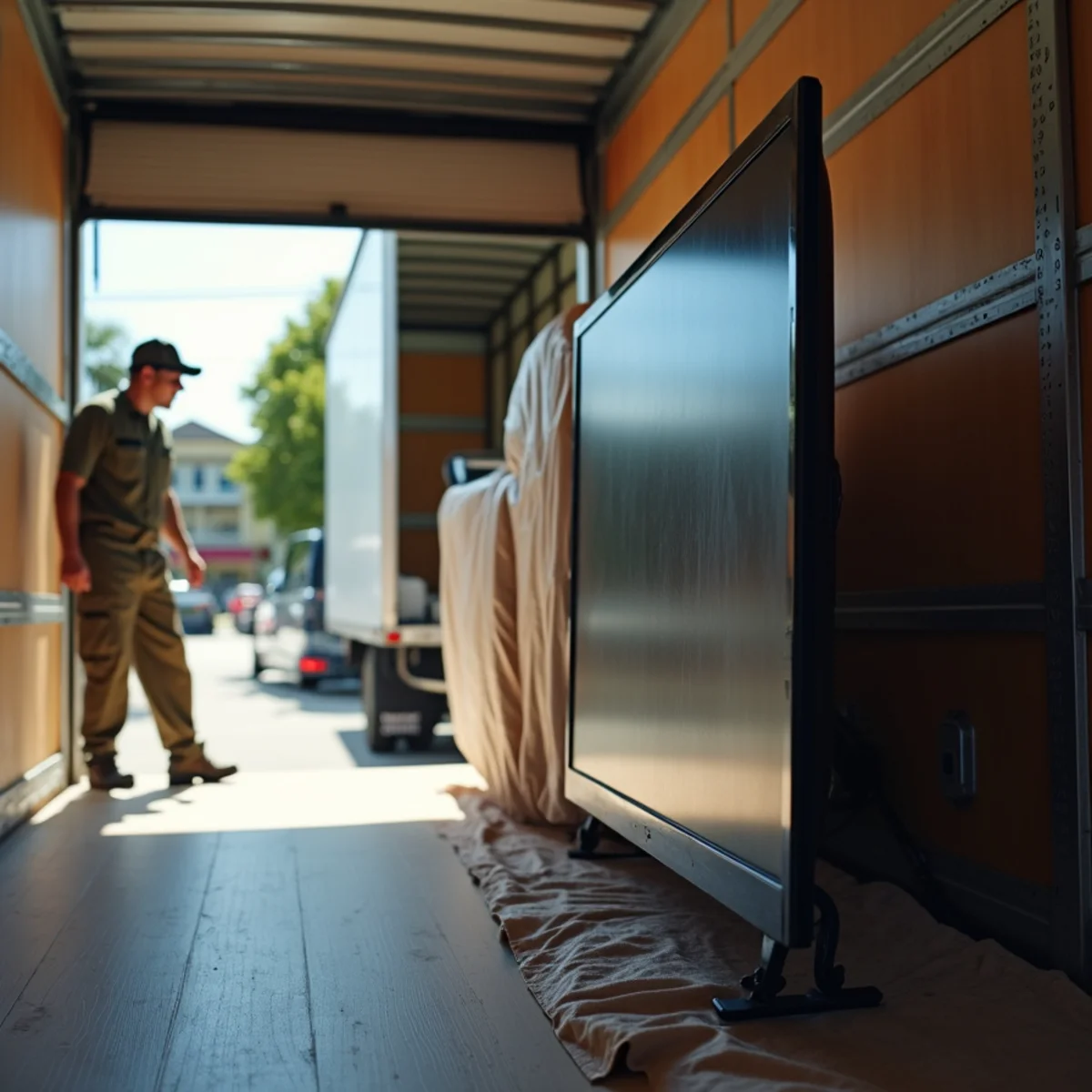 A flat-screen TV wrapped in a moving blanket and secured upright inside a moving truck next to padded furniture