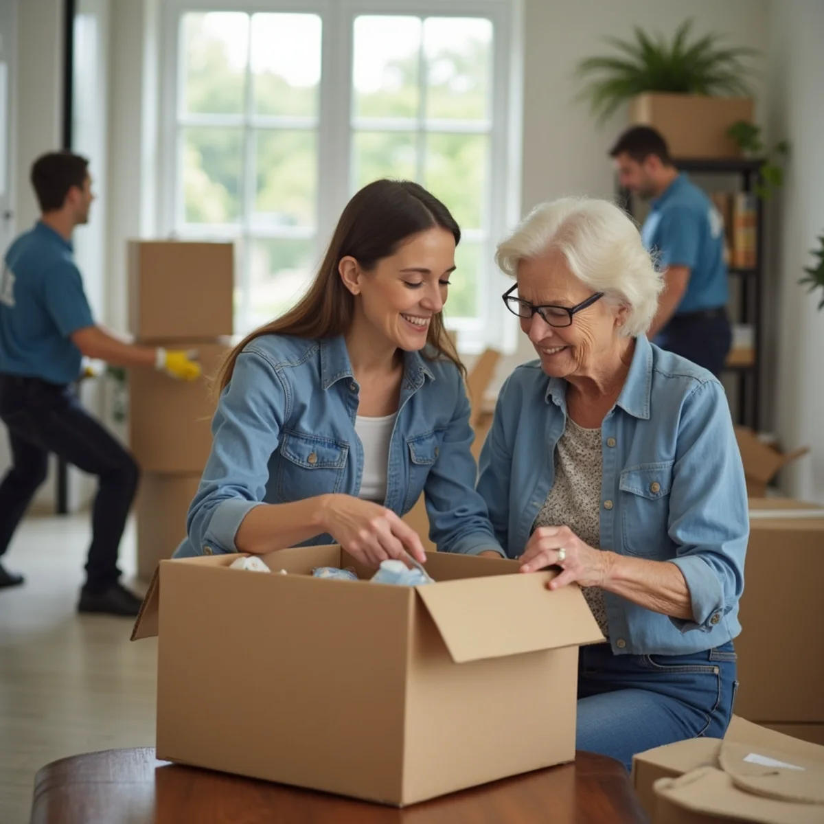 An adult daughter and her senior mother sorting keepsakes into boxes together during a downsizing move