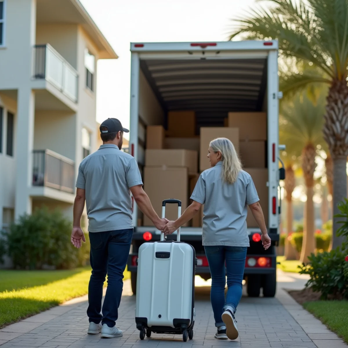 A snowbird couple loading suitcases and boxes into a moving truck outside a South Florida condo