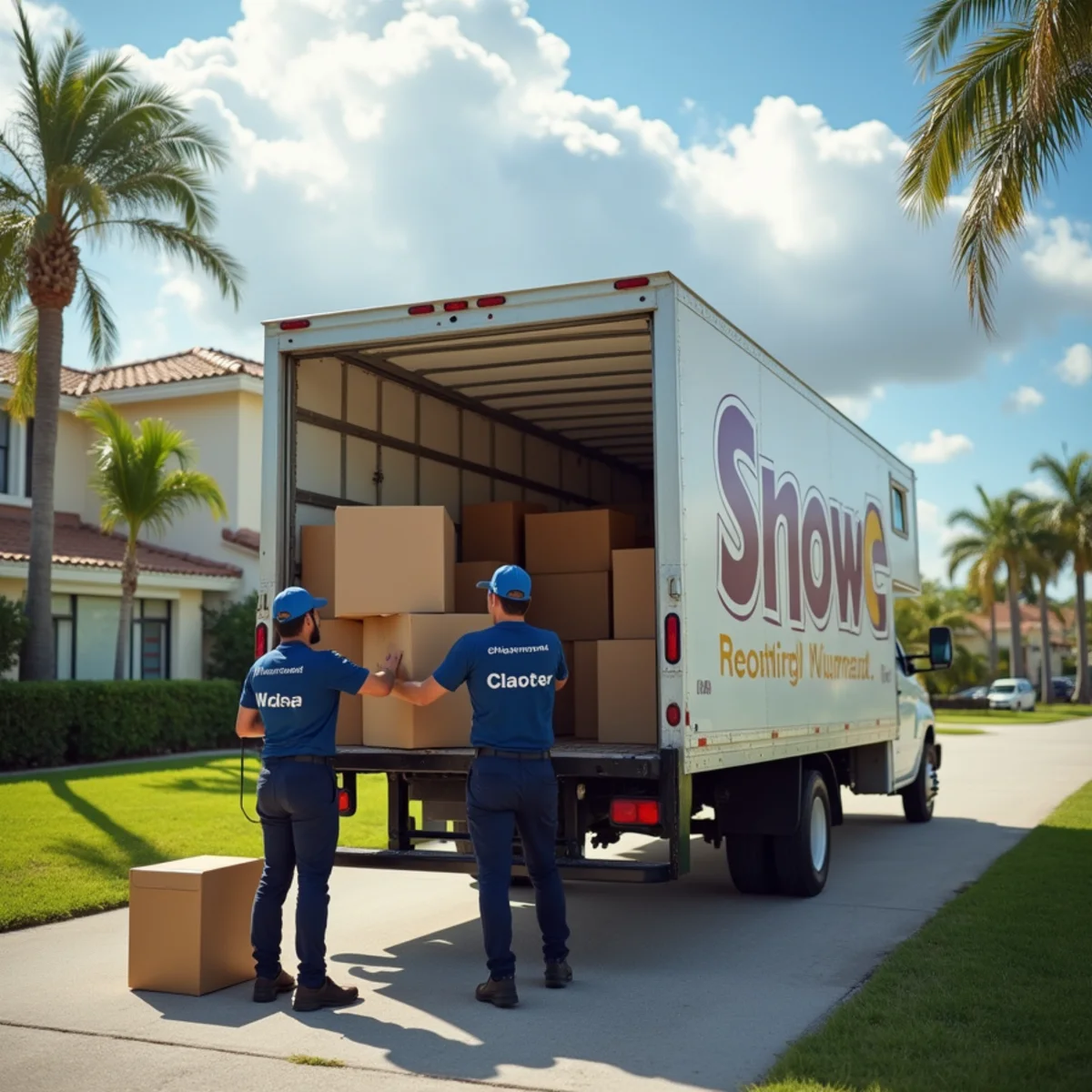 Movers loading boxes into a truck on a sunny South Florida morning with storm clouds building in the distance