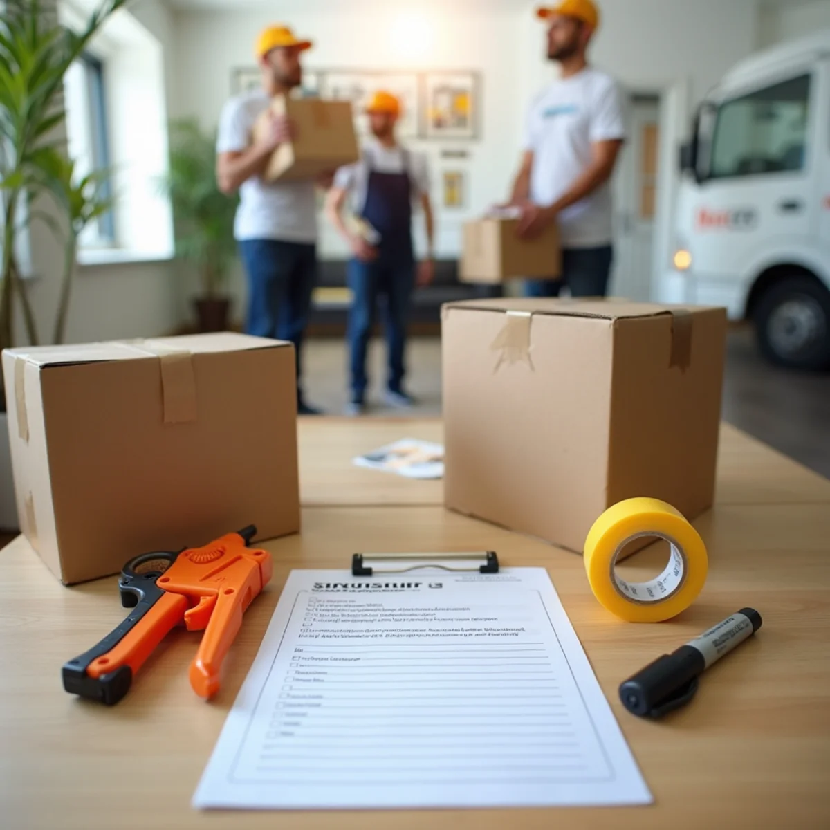 Moving boxes, tape and a checklist on a table representing Let's Go Moving tips and guides