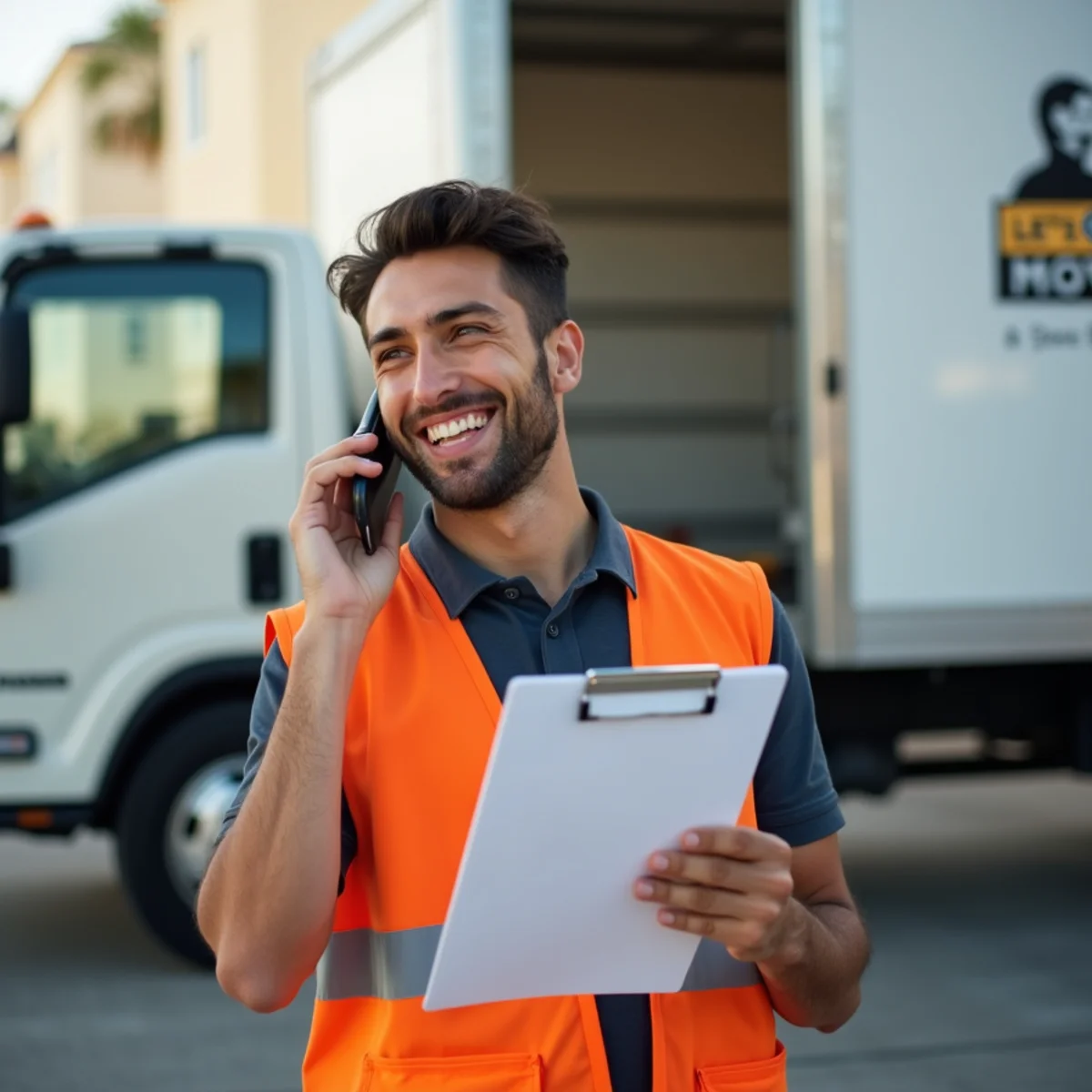 Friendly Let's Go Moving mover on the phone scheduling a move in North Lauderdale, FL