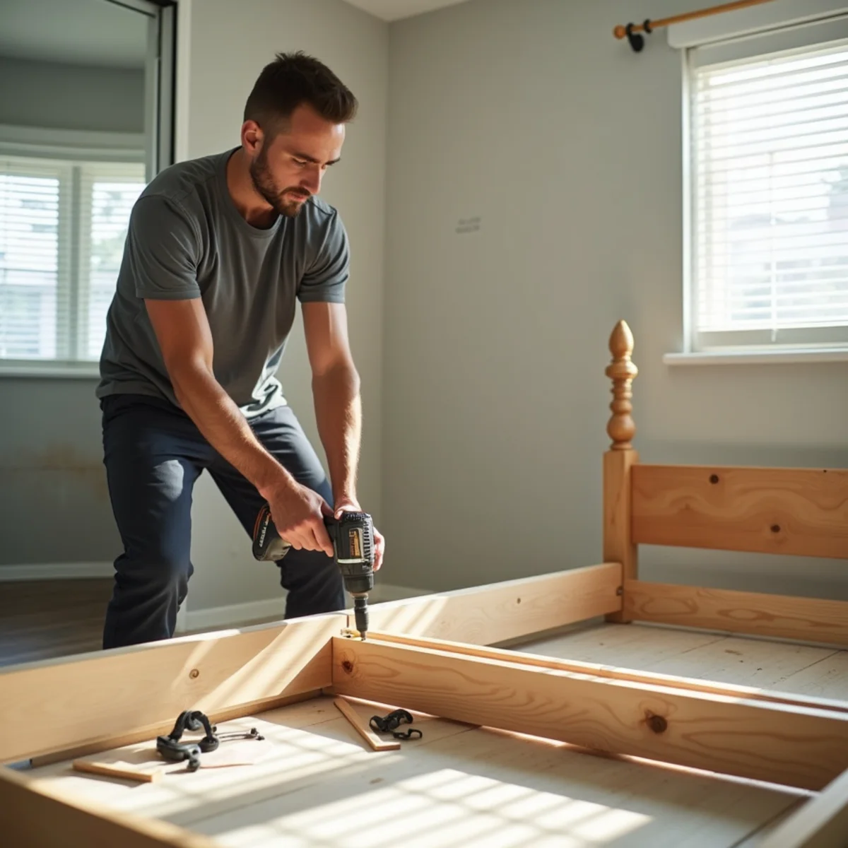 Let's Go Moving technician assembling a bed frame in a North Lauderdale, FL bedroom