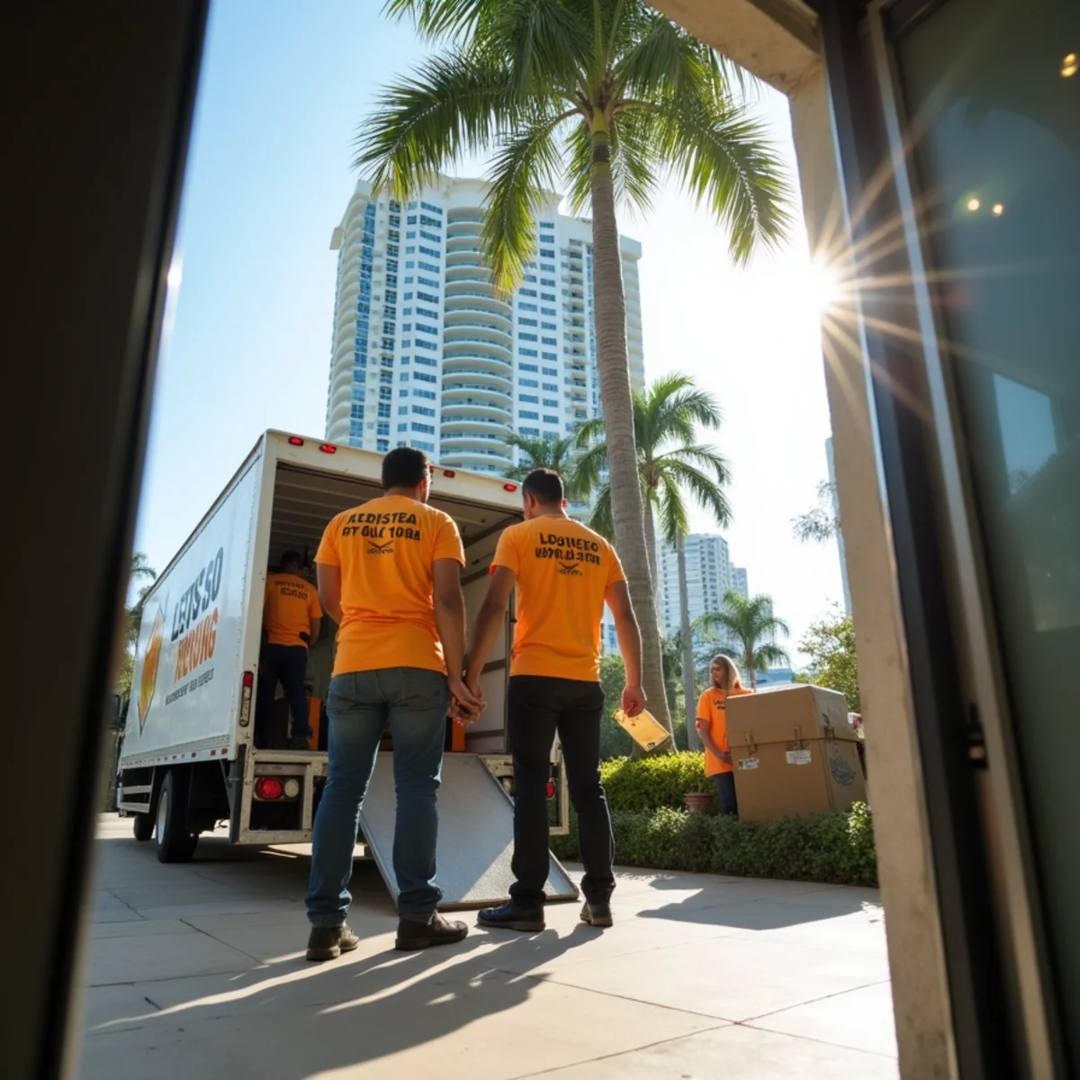 Let's Go Moving crew loading a freight elevator at a luxury high-rise condo in Aventura, FL