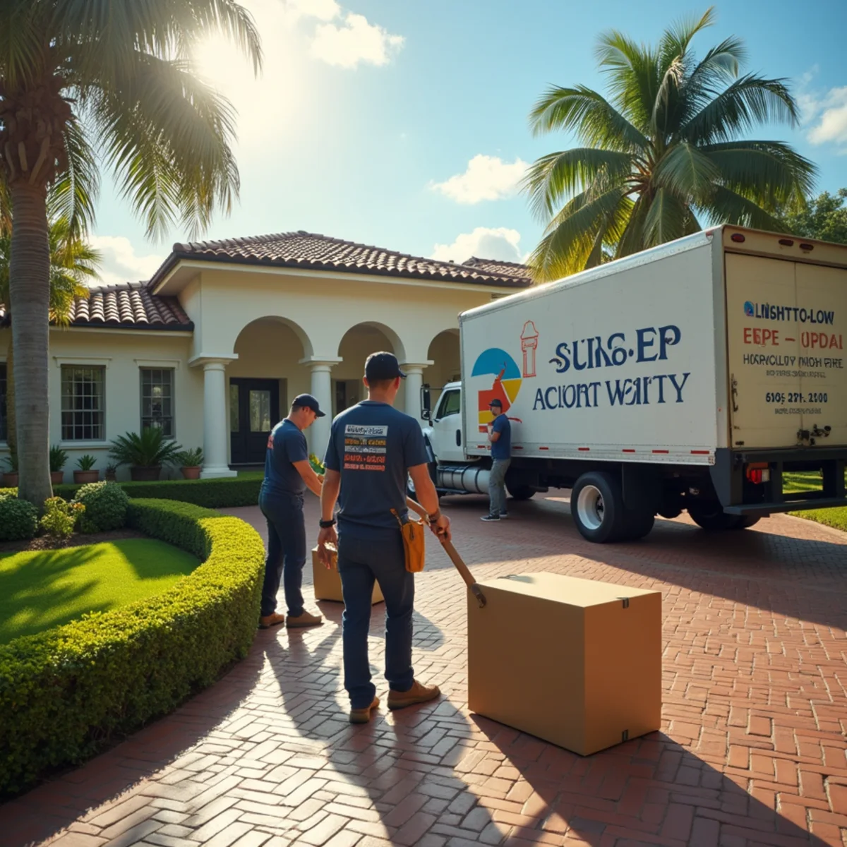 Let's Go Moving crew moving furniture out of a historic Mediterranean-style home in Coral Gables, FL