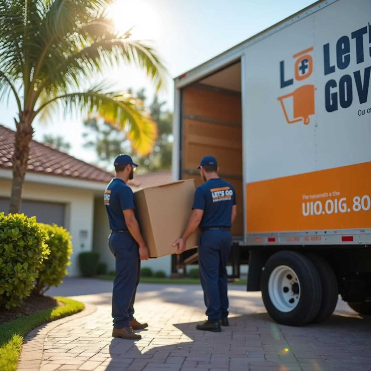 Let's Go Moving crew carrying furniture into a family home in Coral Springs, FL