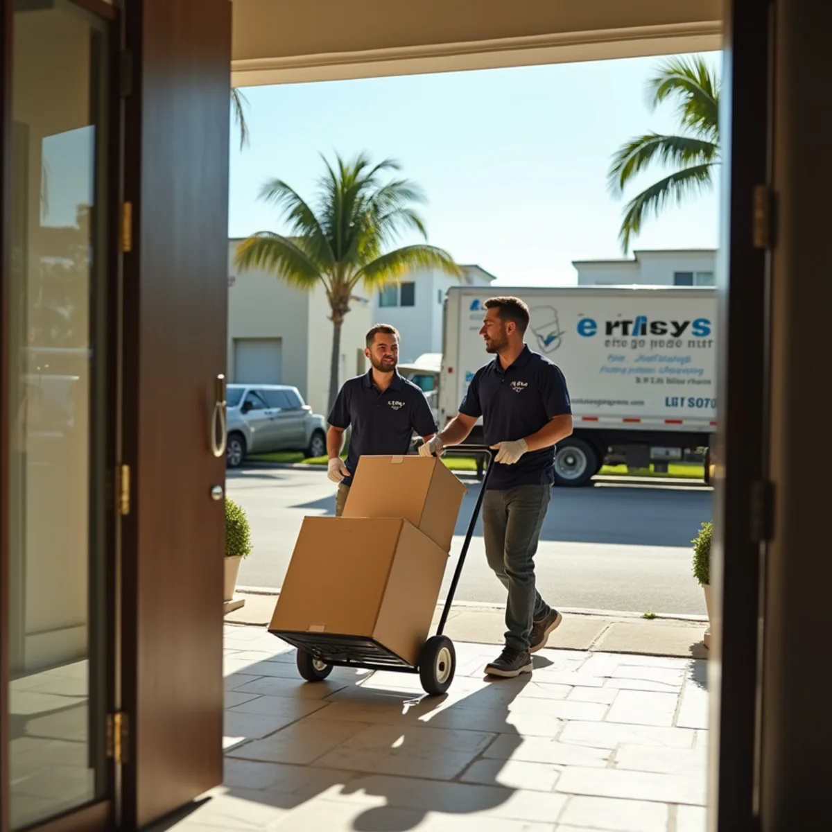 Let's Go Moving crew wheeling a dolly of boxes into a Hollywood Beach, FL condo lobby