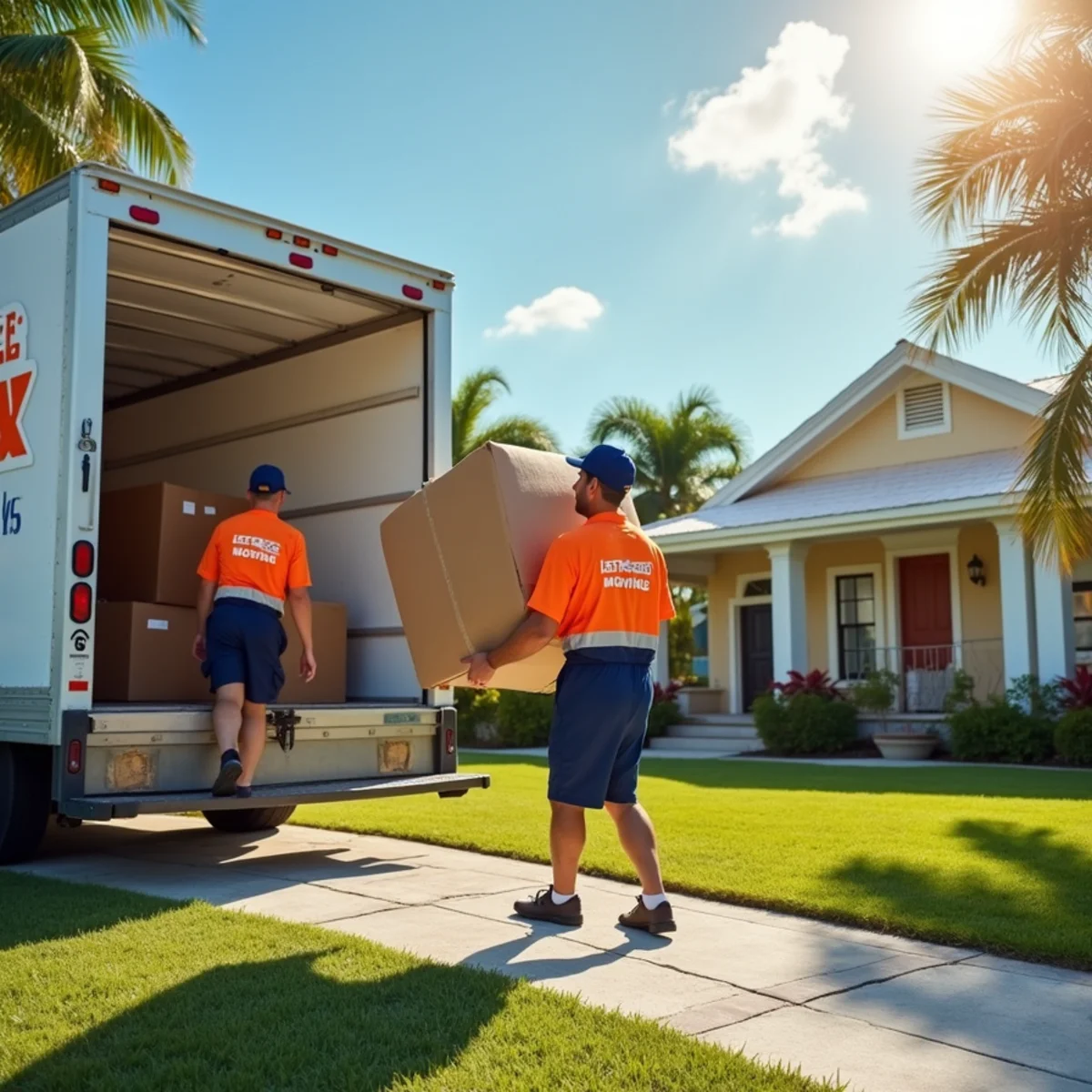 Let's Go Moving movers carrying boxes out of a historic bungalow in Lake Worth Beach, FL