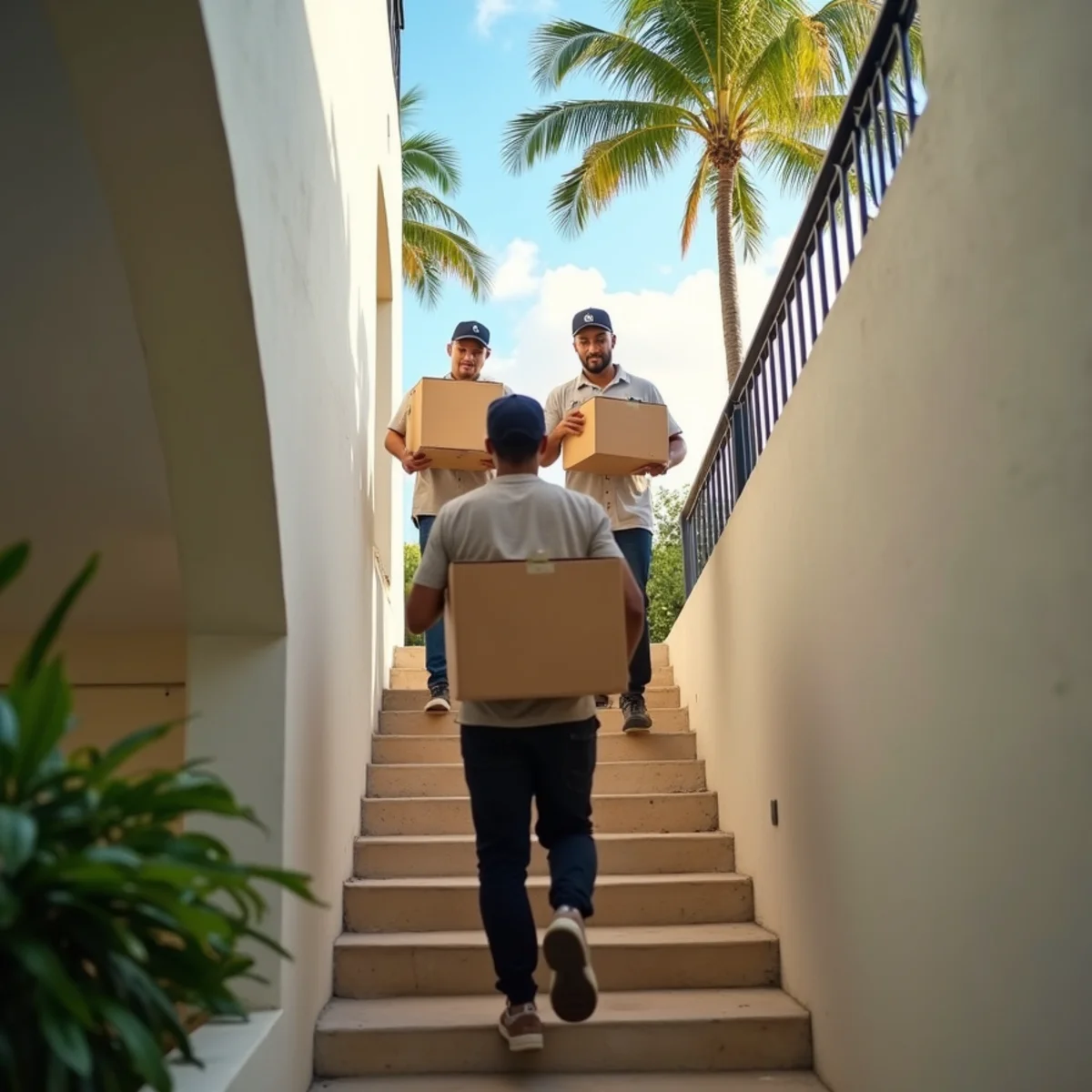 Let's Go Moving crew carrying boxes down an apartment stairwell in Lauderdale Lakes, FL