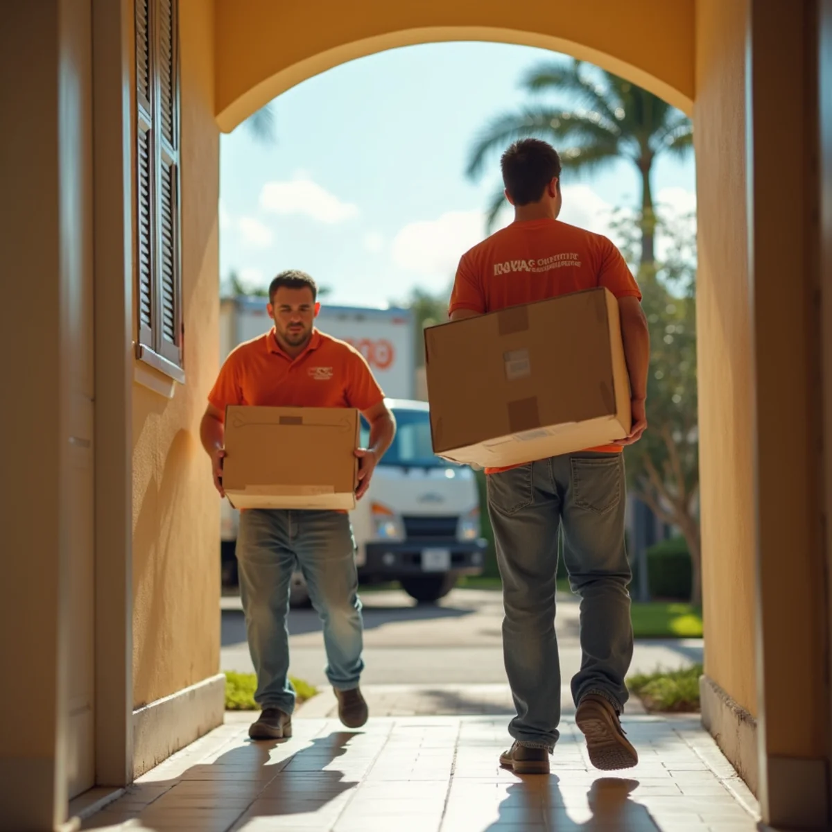 Let's Go Moving crew moving boxes through a Lauderhill, FL apartment hallway
