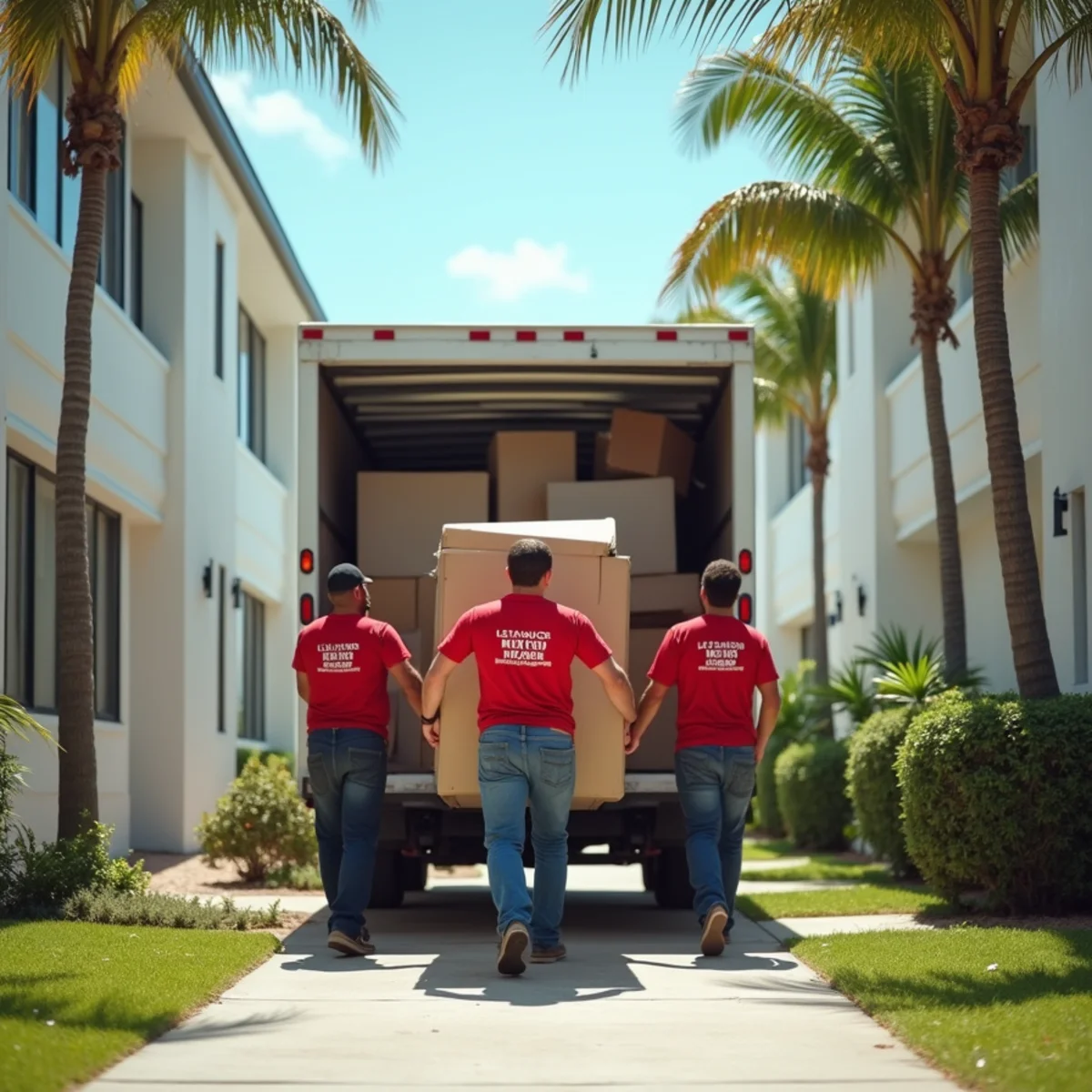 Let's Go Moving crew carrying furniture into an apartment complex in North Miami Beach, FL