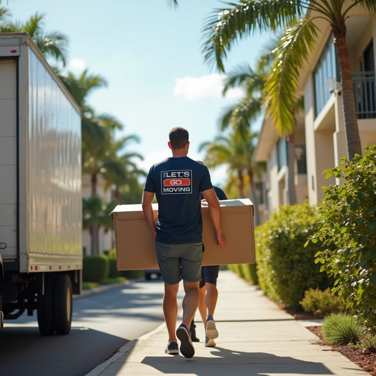 Let's Go Moving movers carrying furniture into a first apartment in Oakland Park, FL