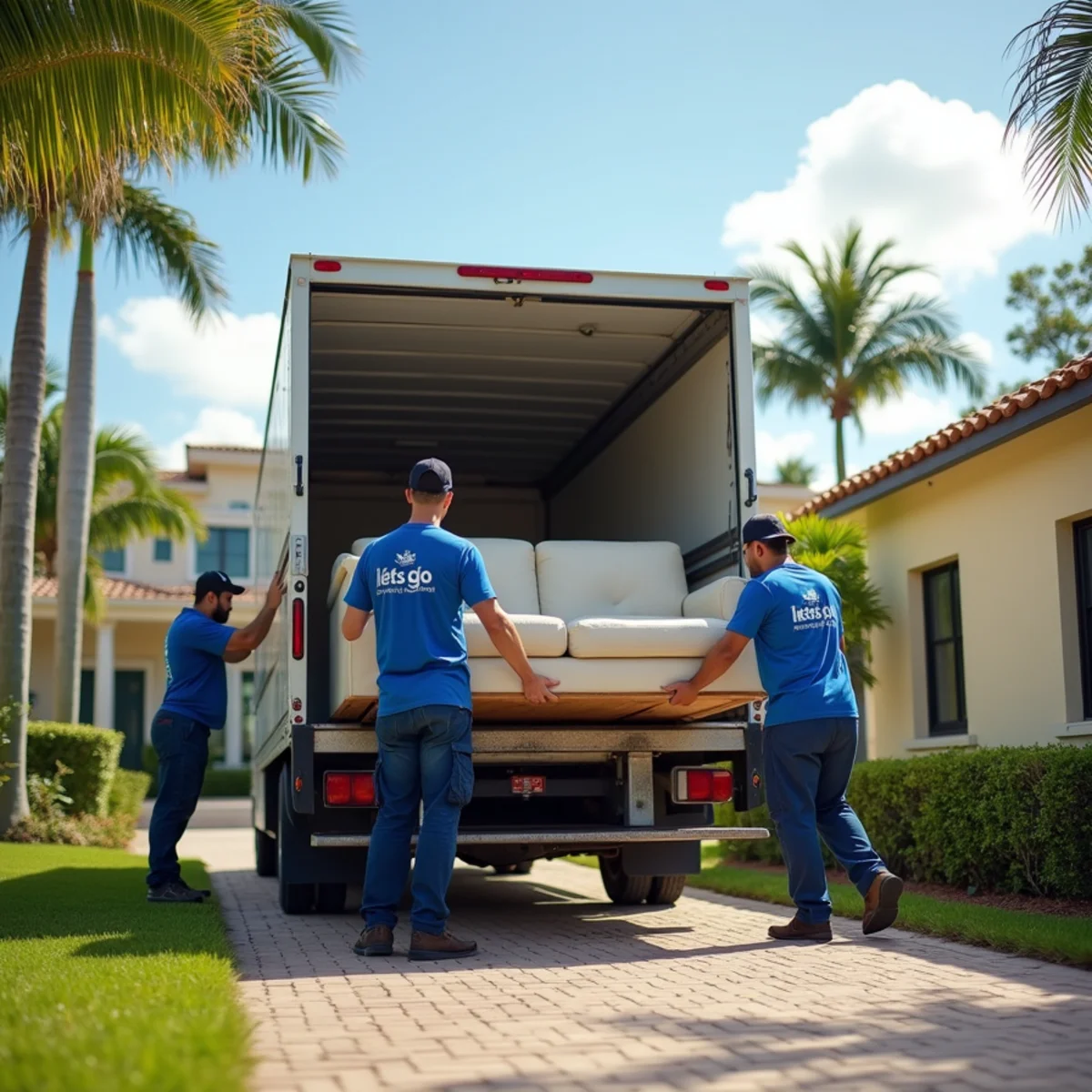 Let's Go Moving movers loading a sofa into a truck outside a Pembroke Pines, FL home