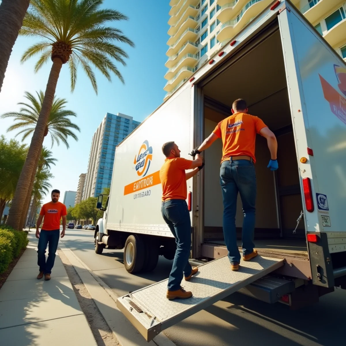 Let's Go Moving crew loading a freight elevator in a downtown West Palm Beach, FL high-rise